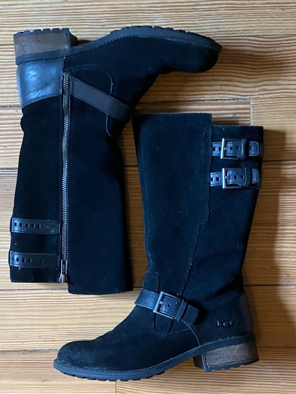 UGG Australia Everglayde Black Suede and Leather Biker Boots Sz 8